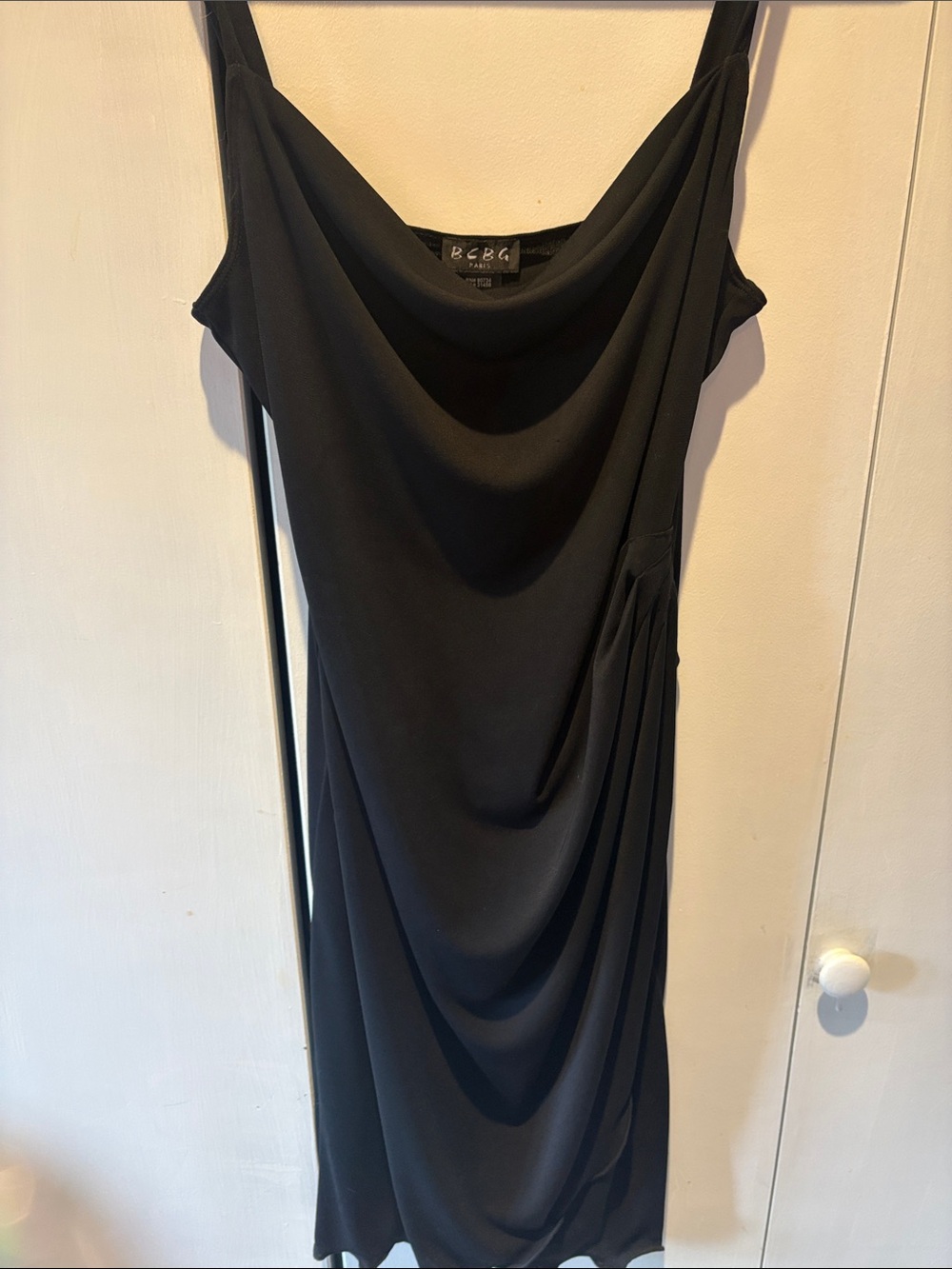 BCBG Black Draped Cowl Midi Dress Y2k black slip dress Med new with tags